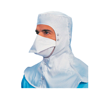 Entenschnabelmundschutz Kimtech M3Person trägt einen Entenschnabelmundschutz mit einer weissen Kopfhaube, welche bis über die Schultern reicht.
