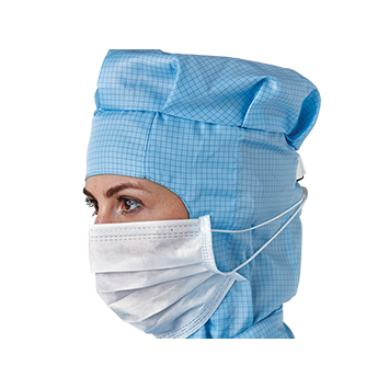 Einwegmundschutz, 3-lagig, 23 cmPerson trägt einen blauen Overall und darüber eine weisse Maske mit Bändern hinter dem Kopf.