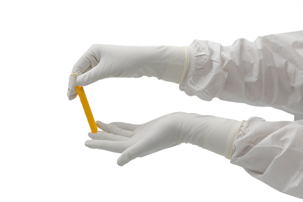 DYNOsense lightNitrile 240 BOXWeisser DYNOsense lightNitrile 240 BOX Nitrilhandschuh mit einer Länge von 240mm und einem gefüllten Reagenzglas.