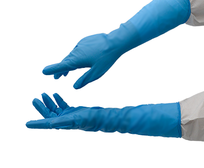 DYNOsense blueNitrile DW+ 400 sterileBlauer DYNOsense blueNitrile DW+ 400 sterile Nitrilhandschuh mit einer Länge von 400mm.