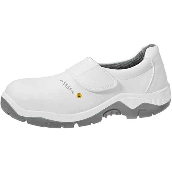 Abeba Slipper blanc ESD 32130Ein weisser Abeba Arbeitsschuh mit einer grauen Sohle und einer Klettschnalle über dem Fuss.