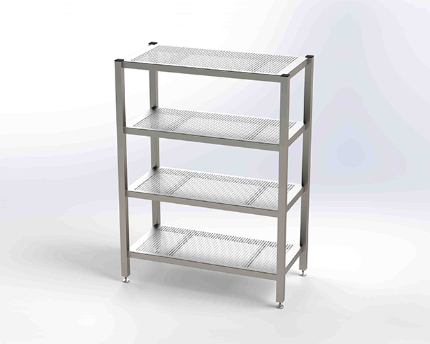 Rayonnage pour salle blanche avec 4 étagères perforéesEin Edelstahlregal mit 4 gelochten Ablageflächen.