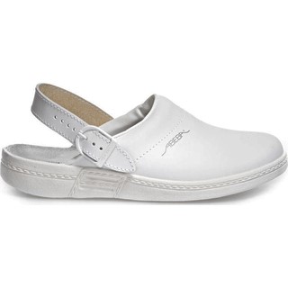 Abeba Clog weiss 7021Ein weisser Abeba Clog Arbeitsschuh mit einem verstellbaren Riemen am Fersen.