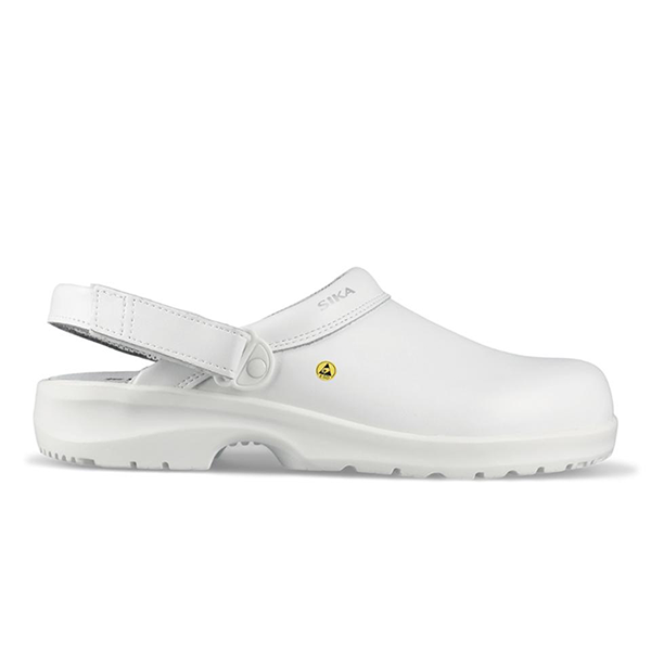 Sika Fusion Clog ESD blanc 19467Ein weisser Sika Cloq Arbeitsschuh mit einem verstellbaren Riemen am Fersen.