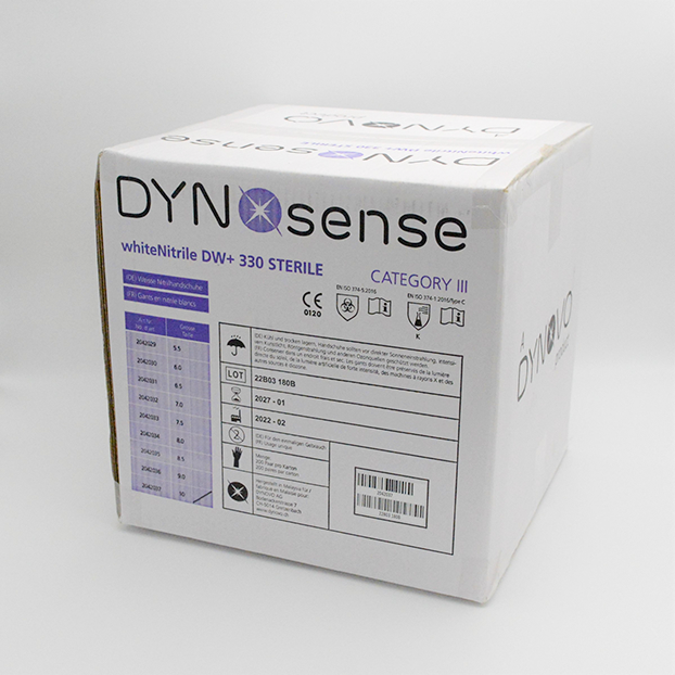 DYNOsense whiteNitrile DW+ 330 stérileGrosser weisser DYNOsense Karton gefüllt mit Handschuhen.