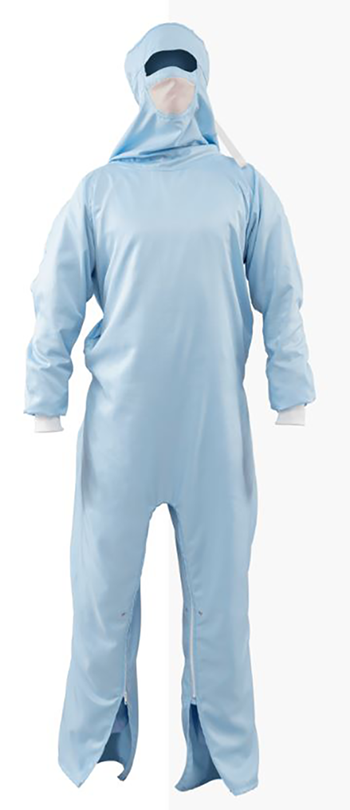 Combinaison avec cagoule Alsistrong bleu clairBlauer Overall, welcher bei den Augen eine Öffnung hat. Beim Mundbereich ist der Stoff weiss und etwas dünner für die Atmung.