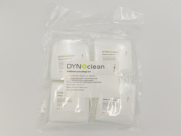 DYNOclean presatWipe 4x4DYNOclean presatWipe 4x4, 100% Polypropylen, vorgetränkte Reinraumtücher mit 70% IPA und 30% deionisiertem Wasser, für Oberflächenreinigung