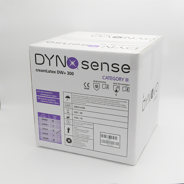 DYNOsense creamLatex DW+ 300 Grosser weisser DYNOsense Karton gefüllt mit Handschuhen.