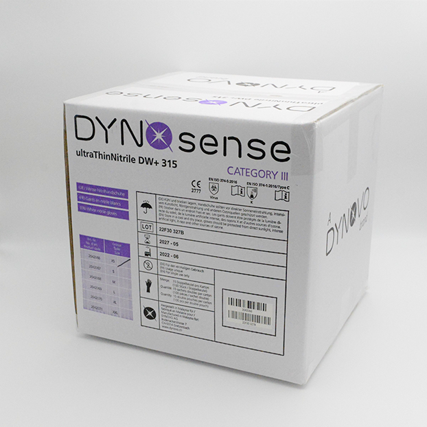 DYNOsense ultraThinNitrile DW+ 315 XS XSGrosser weisser DYNOsense Karton gefüllt mit Handschuhen.