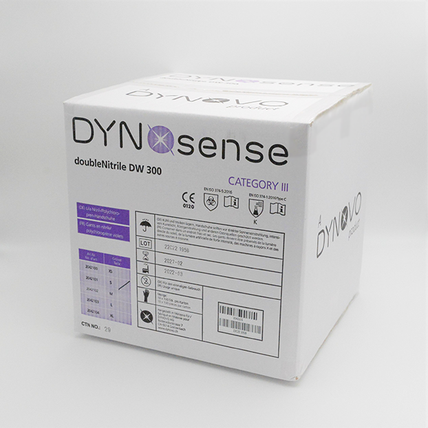 DYNOsense doubleNitrile DW 300 XL XLGrosser weisser DYNOsense Karton gefüllt mit Handschuhen.